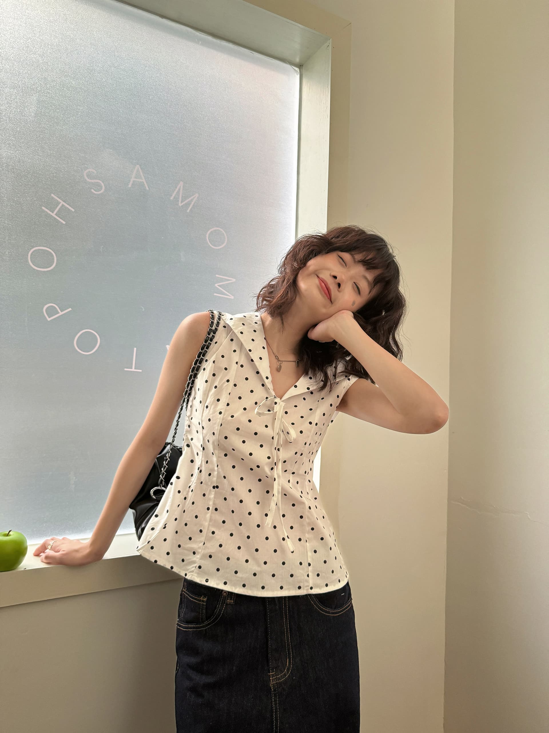 해군 칼라 도트 무늬 몸매 가꾸기 작은 셔츠 조끼 외출용 여성 여름 한 부서 달콤함 품격 슬림해 보이는 민소매 맨위 이미지 3