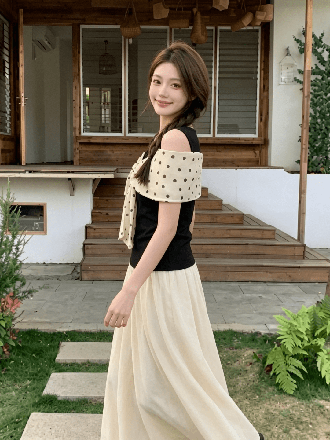 원본 자카드 사람들 면 나비 매듭 검정색 반팔 티셔츠 디자인 품격 오프숄더 맨위 상세 이미지 24