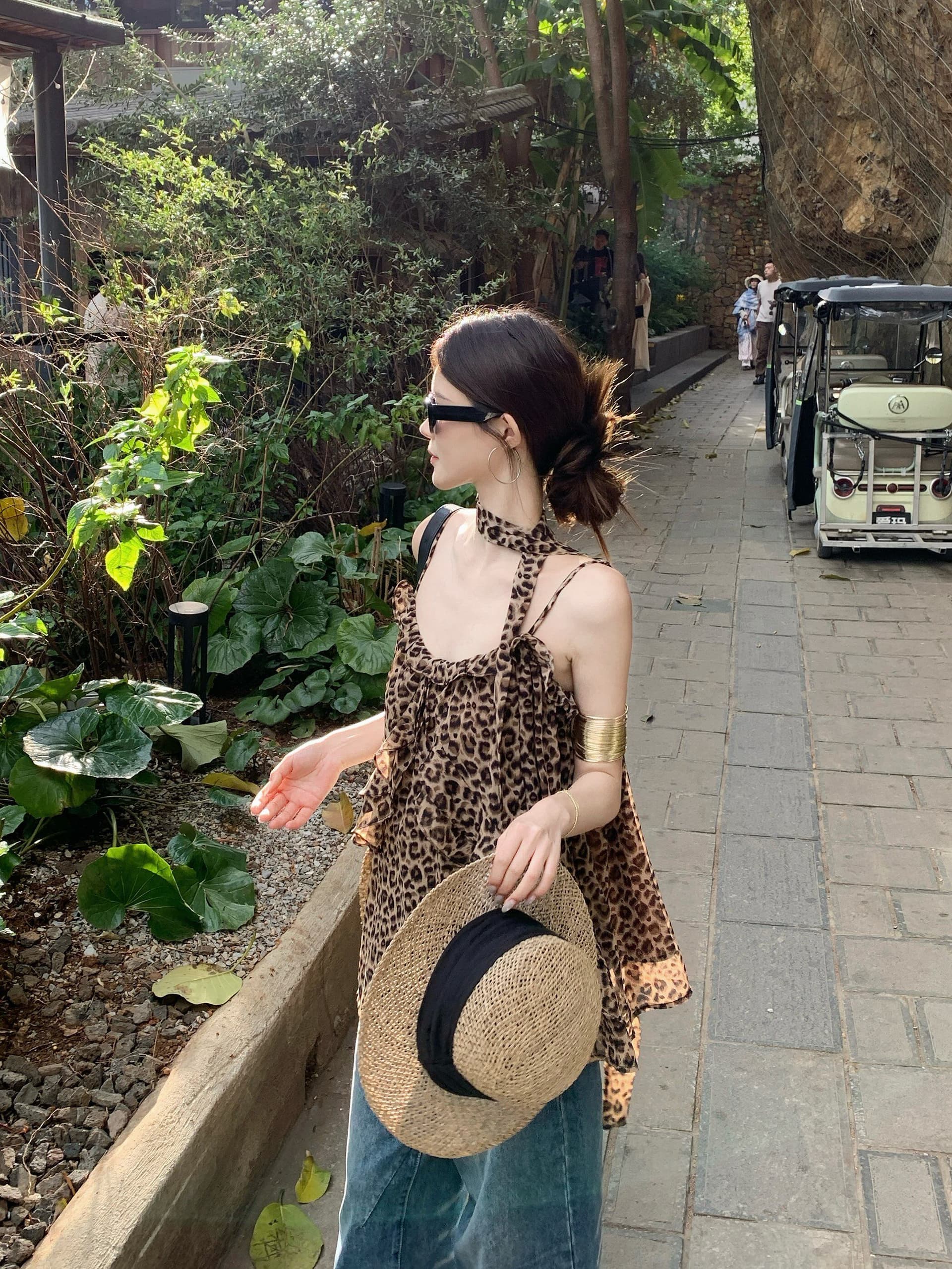 2026 봄 여름 새로운 섹시함 레오파드 무늬 캐미솔 외출용 루즈핏 슬림해 보이는 쉬폰 민소매 맨위 상세 이미지 13