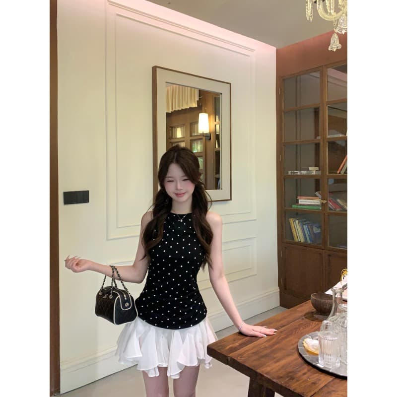 한 부서 도트 무늬 조끼 여름 새로운 검정색 민소매 뒤로 홀로우 아웃 스트랩 맨위 이미지 5