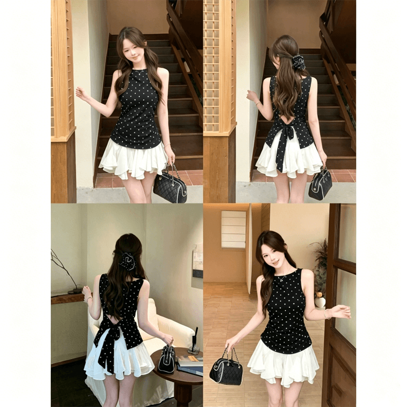 한 부서 도트 무늬 조끼 여름 새로운 검정색 민소매 뒤로 홀로우 아웃 스트랩 맨위 이미지 2