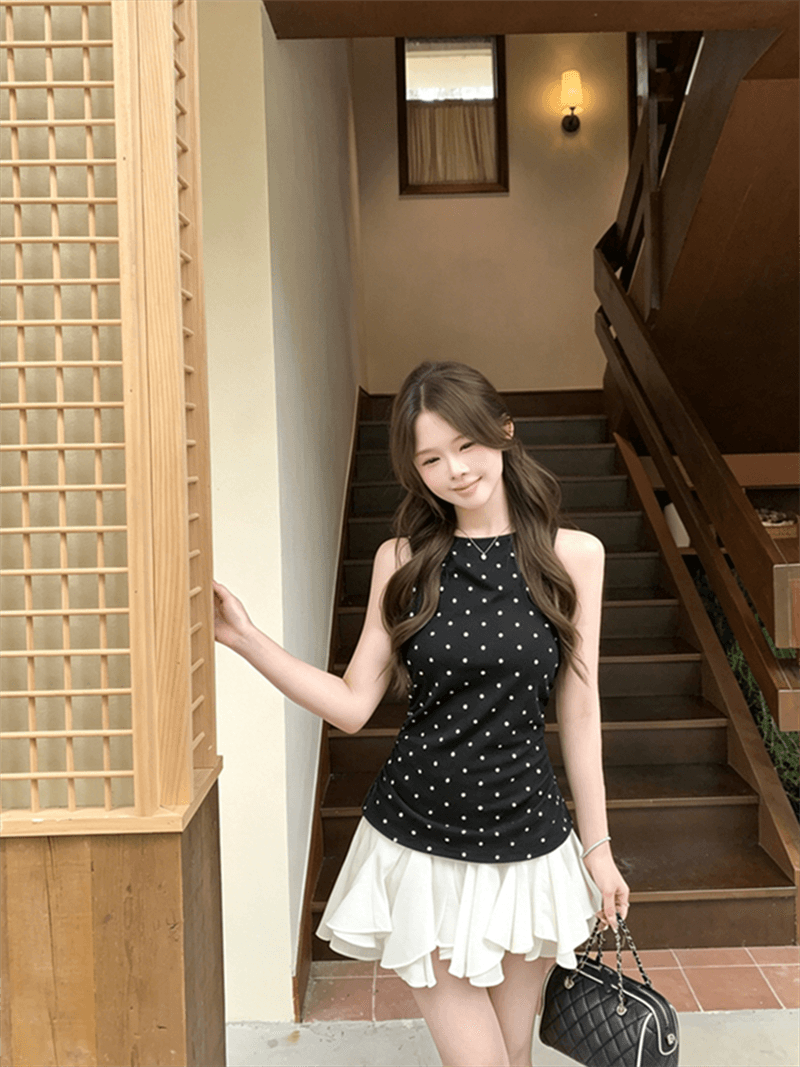한 부서 도트 무늬 조끼 여름 새로운 검정색 민소매 뒤로 홀로우 아웃 스트랩 맨위 상세 이미지 5