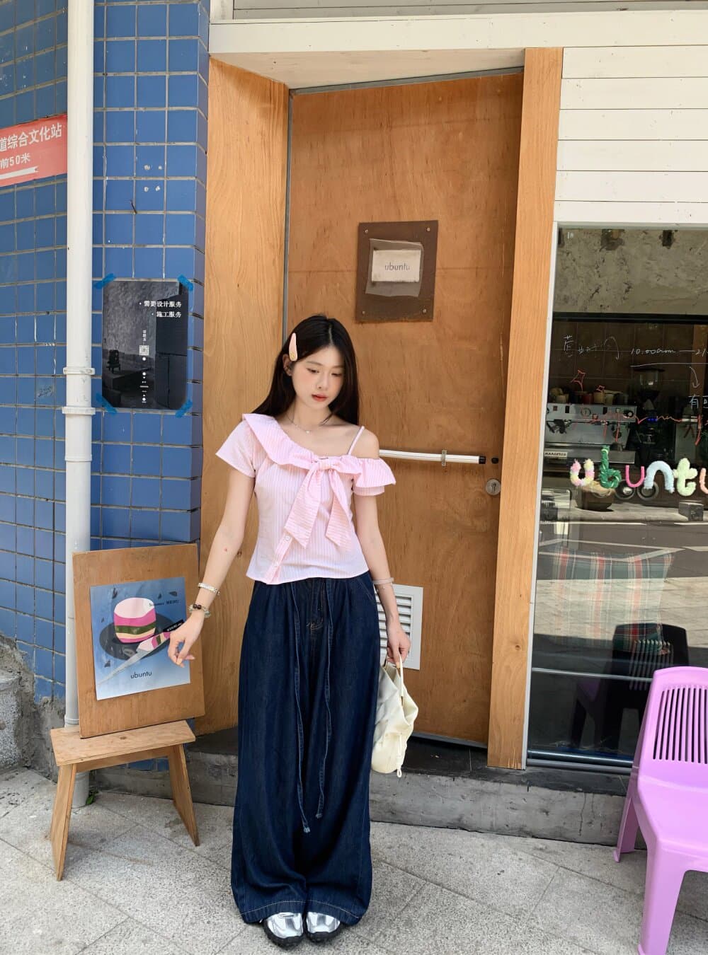 달콤한 스타일 핑크색 스트라이프 나비 매듭 작은 대중 셔츠 여성 의류 여름 빅 사이즈 연령 감소 슬림해 보이는 새로운 맨위 상세 이미지 10