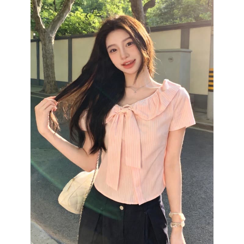 한 부서 핑크색 스트라이프 오프숄더 반팔 여성 셔츠 여름 연령 감소 디자인 센스 나비 매듭 쇼트 스타일 맨위 이미지 2