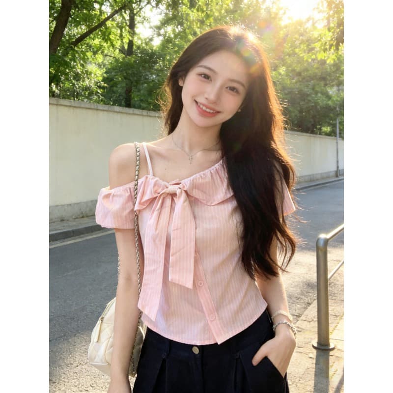 한 부서 핑크색 스트라이프 오프숄더 반팔 여성 셔츠 여름 연령 감소 디자인 센스 나비 매듭 쇼트 스타일 맨위 이미지 3