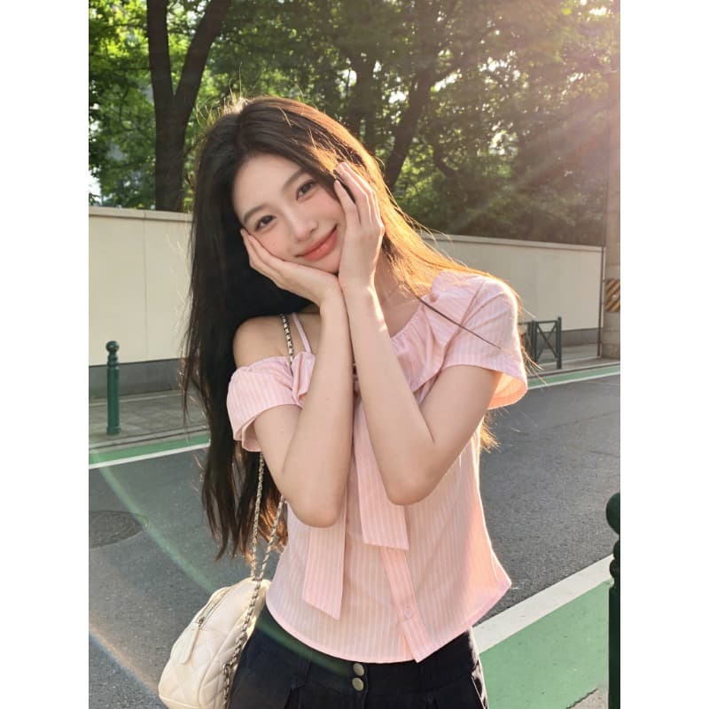 한 부서 핑크색 스트라이프 오프숄더 반팔 여성 셔츠 여름 연령 감소 디자인 센스 나비 매듭 쇼트 스타일 맨위 이미지 5