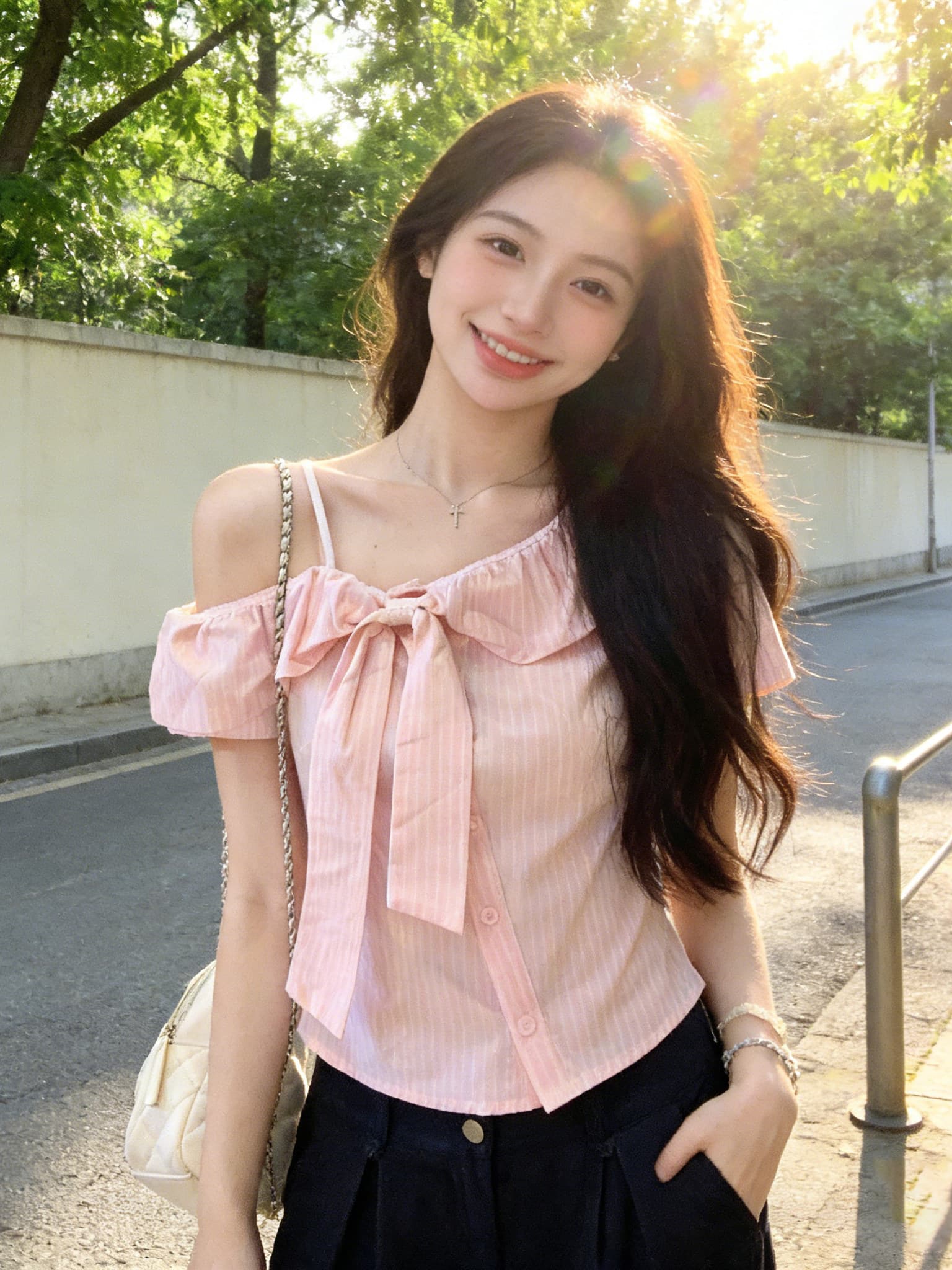 한 부서 핑크색 스트라이프 오프숄더 반팔 여성 셔츠 여름 연령 감소 디자인 센스 나비 매듭 쇼트 스타일 맨위 상세 이미지 4