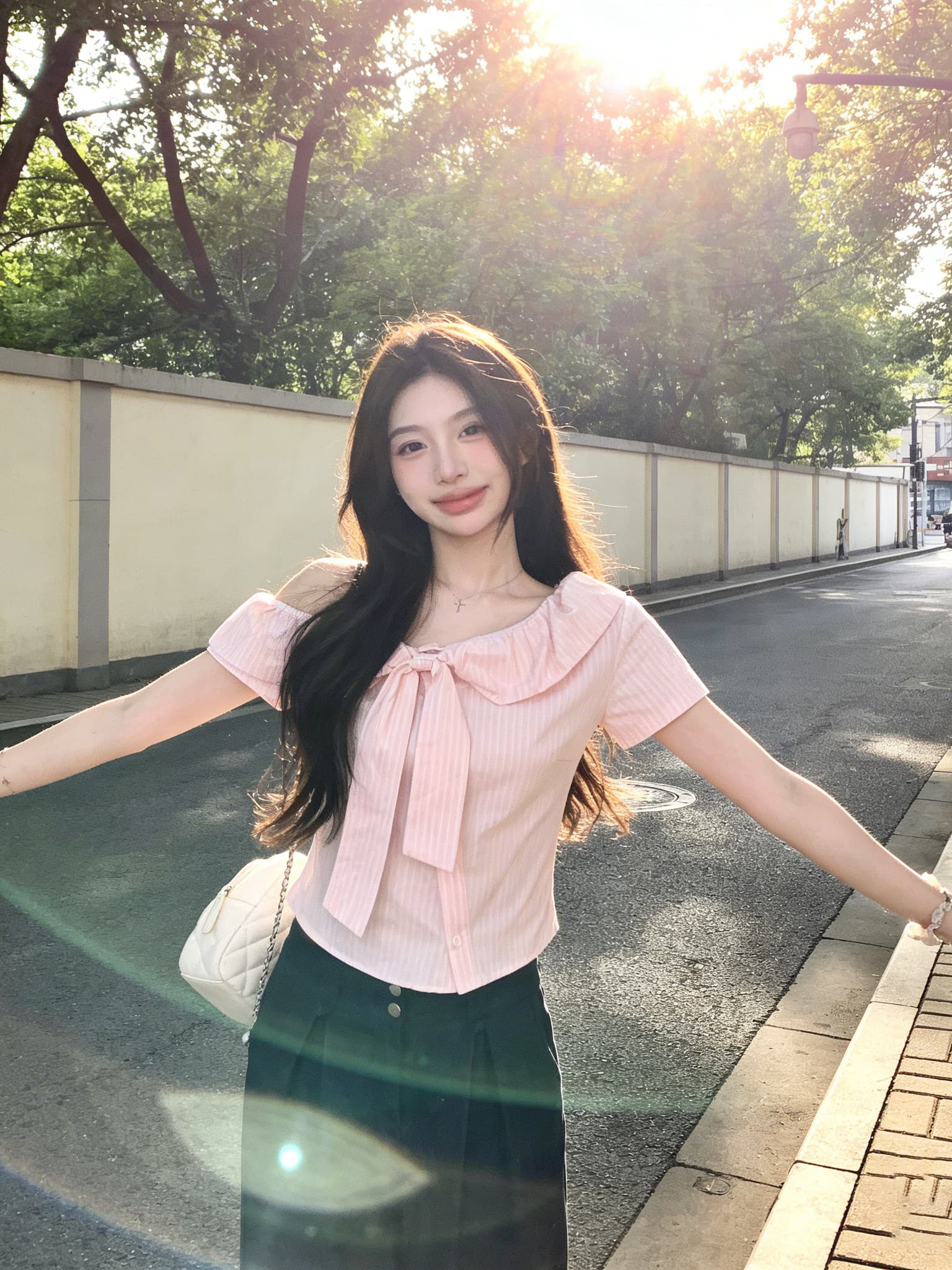 한 부서 핑크색 스트라이프 오프숄더 반팔 여성 셔츠 여름 연령 감소 디자인 센스 나비 매듭 쇼트 스타일 맨위 상세 이미지 5
