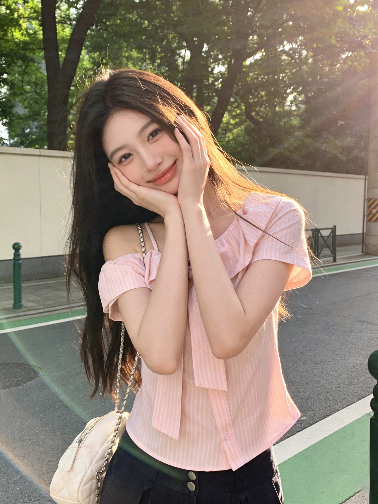 한 부서 핑크색 스트라이프 오프숄더 반팔 여성 셔츠 여름 연령 감소 디자인 센스 나비 매듭 쇼트 스타일 맨위 상세 이미지 11