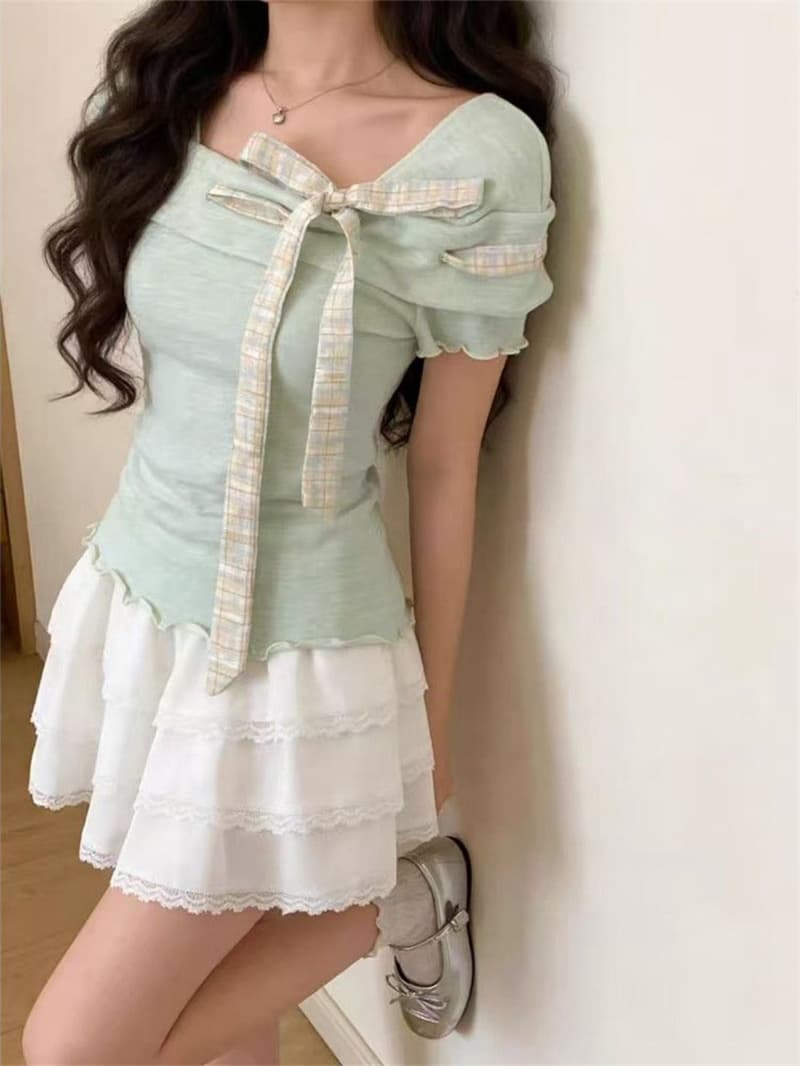원본 양면 주름 주름 면 박하 녹색 반팔 티셔츠 여름 빅 사이즈 오프숄더 맨위 디자인 센스 상세 이미지 8
