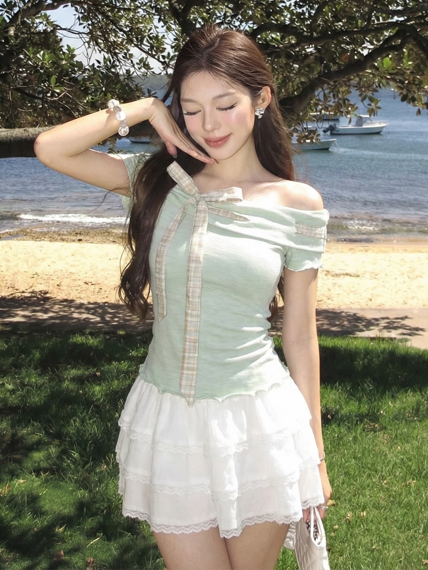 한 부서 달콤한 스타일 박하 녹색 광장 칼라 반팔 티셔츠 여성 여름 2026 새로운 맨위 활력 소녀 착용 가져 가라. 상세 이미지 2