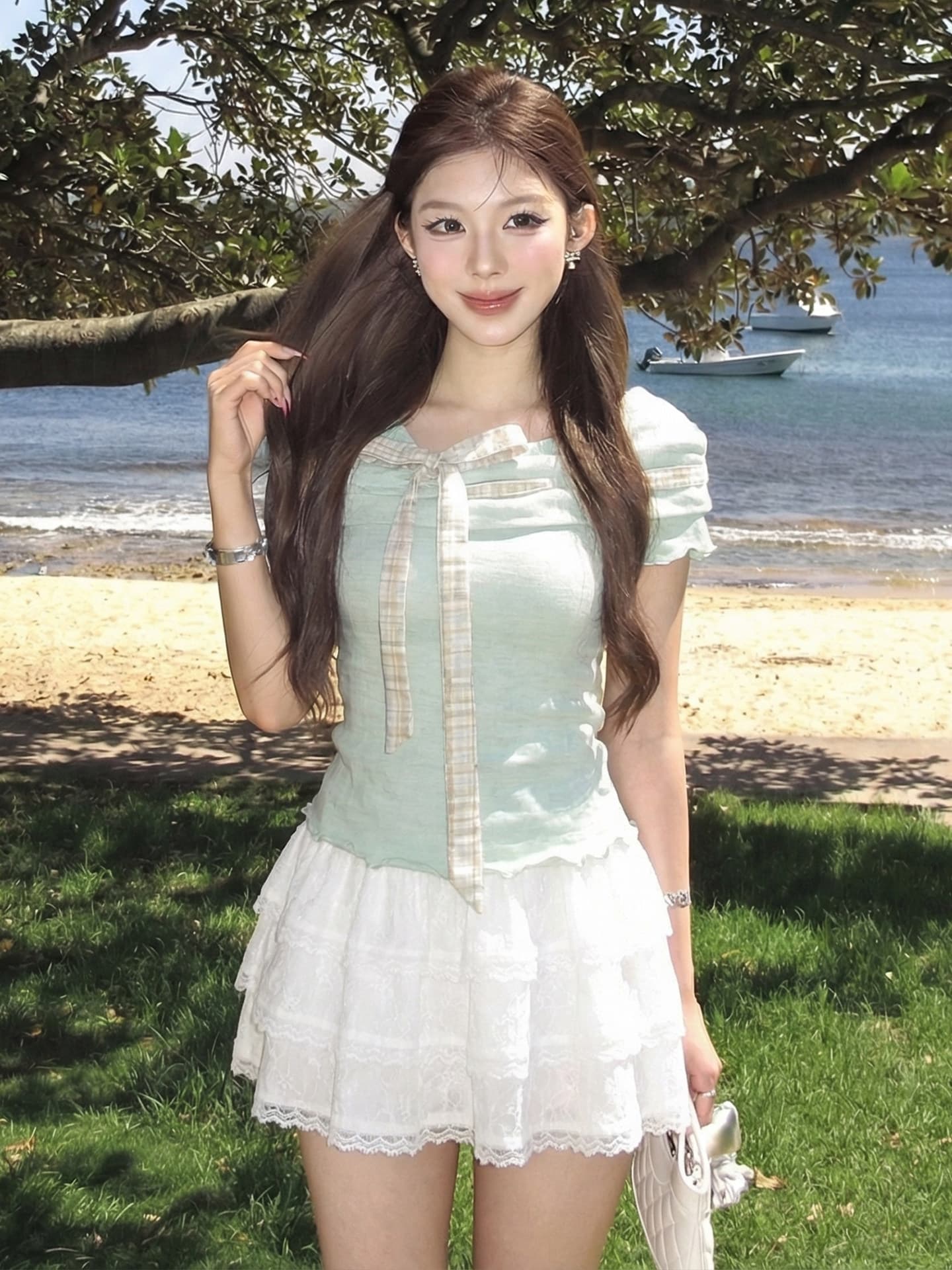 한 부서 달콤한 스타일 박하 녹색 광장 칼라 반팔 티셔츠 여성 여름 2026 새로운 맨위 활력 소녀 착용 가져 가라. 상세 이미지 8