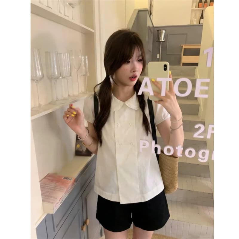 프랑스식 학원 스타일 검정색 베이비 칼라 거품 소매 이중 버튼 여성 셔츠 여름 루즈핏 슬림해 보이는 다용도 맨위 이미지 2