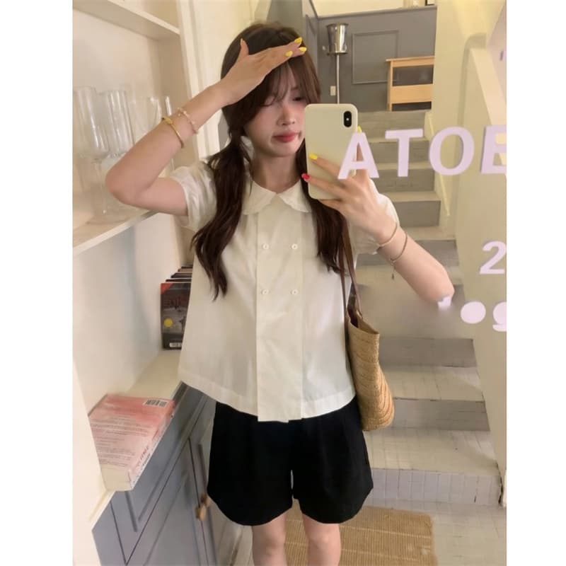 프랑스식 학원 스타일 검정색 베이비 칼라 거품 소매 이중 버튼 여성 셔츠 여름 루즈핏 슬림해 보이는 다용도 맨위 이미지 3