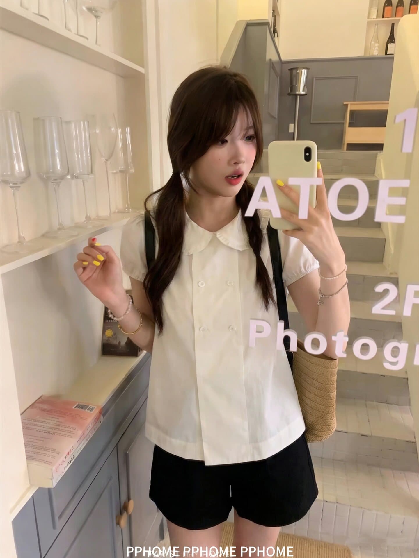 프랑스식 학원 스타일 검정색 베이비 칼라 거품 소매 이중 버튼 여성 셔츠 여름 루즈핏 슬림해 보이는 다용도 맨위 상세 이미지 3