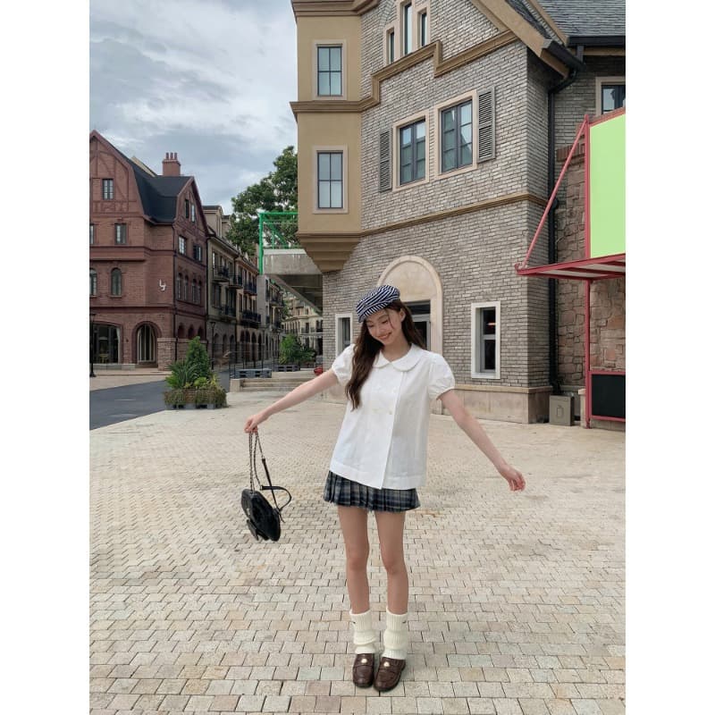 학원 스타일 검정색 베이비 칼라 거품 소매 이중 버튼 여성 셔츠 여름 프랑스식 루즈핏 슬림해 보이는 다용도 맨위 이미지 5