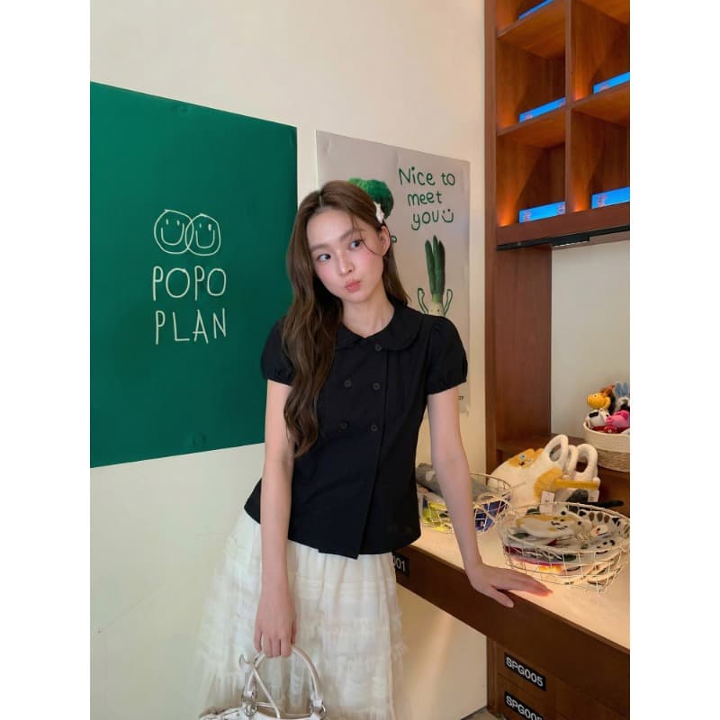 학원 스타일 검정색 베이비 칼라 거품 소매 이중 버튼 여성 셔츠 여름 프랑스식 루즈핏 슬림해 보이는 다용도 맨위 이미지 2