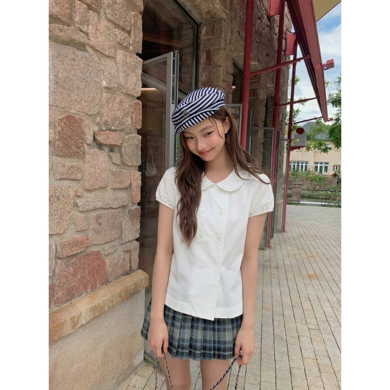 학원 스타일 검정색 베이비 칼라 거품 소매 이중 버튼 여성 셔츠 여름 프랑스식 루즈핏 슬림해 보이는 다용도 맨위 이미지 4