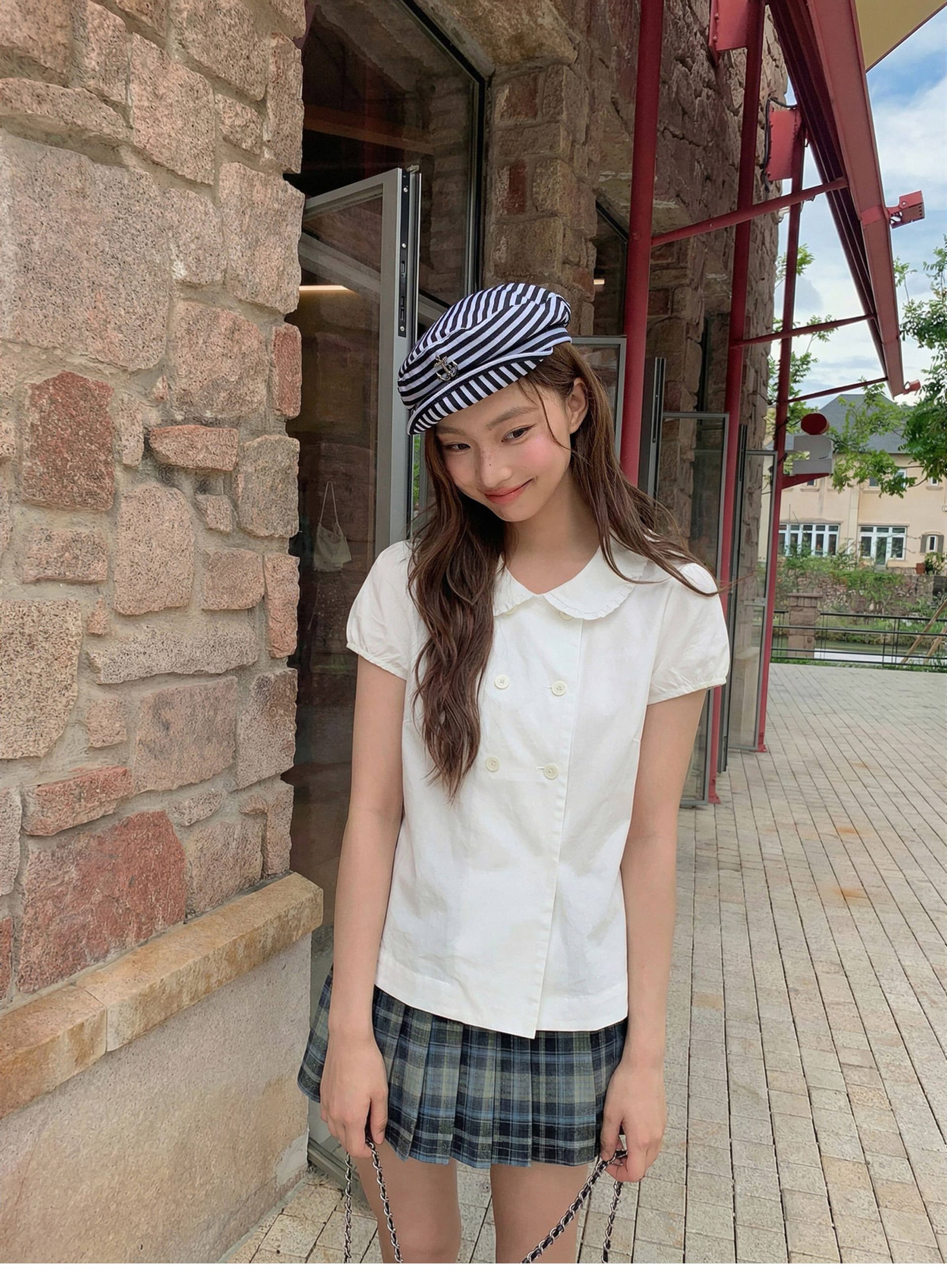 학원 스타일 검정색 베이비 칼라 거품 소매 이중 버튼 여성 셔츠 여름 프랑스식 루즈핏 슬림해 보이는 다용도 맨위 상세 이미지 2
