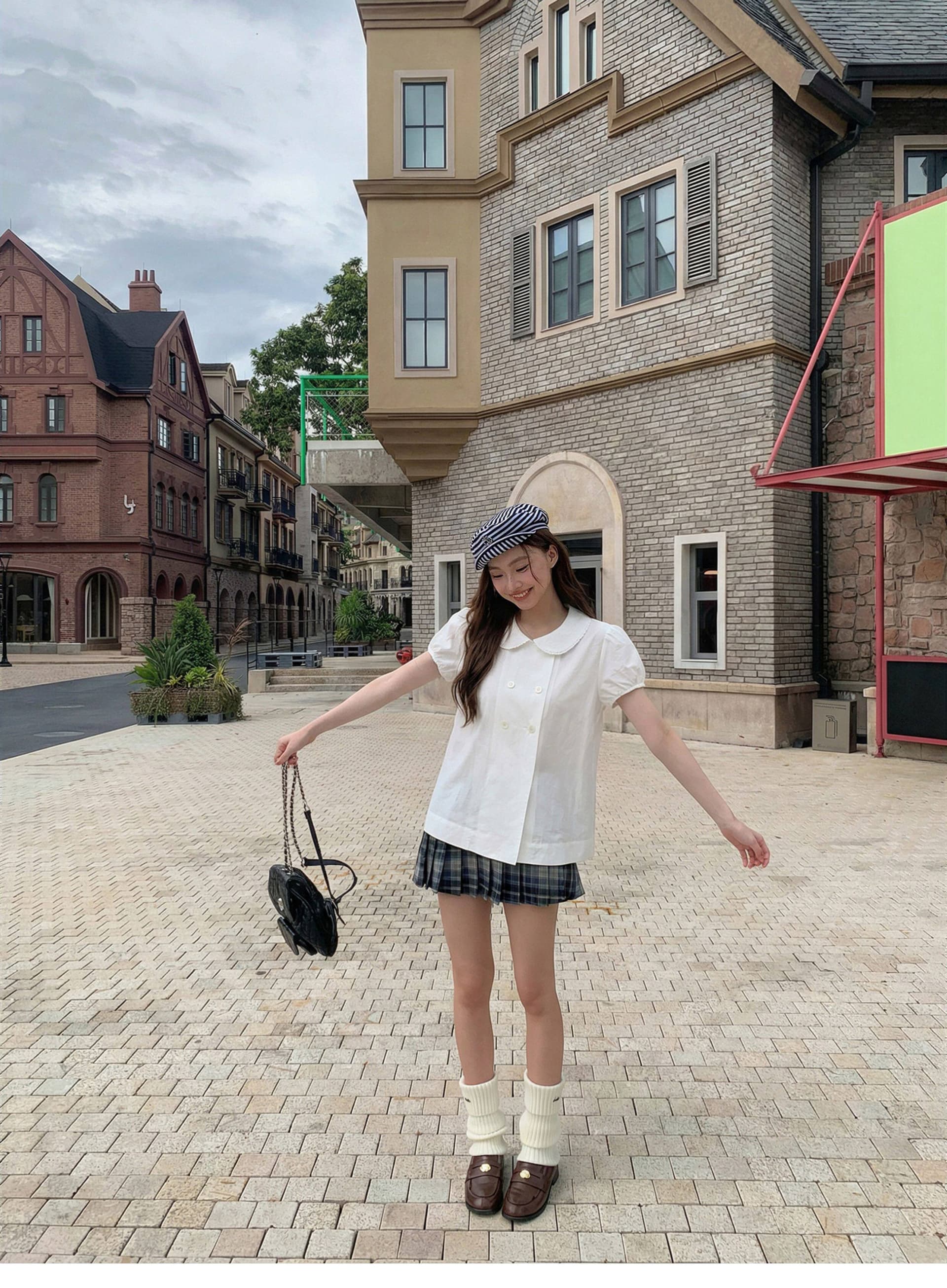 학원 스타일 검정색 베이비 칼라 거품 소매 이중 버튼 여성 셔츠 여름 프랑스식 루즈핏 슬림해 보이는 다용도 맨위 상세 이미지 3