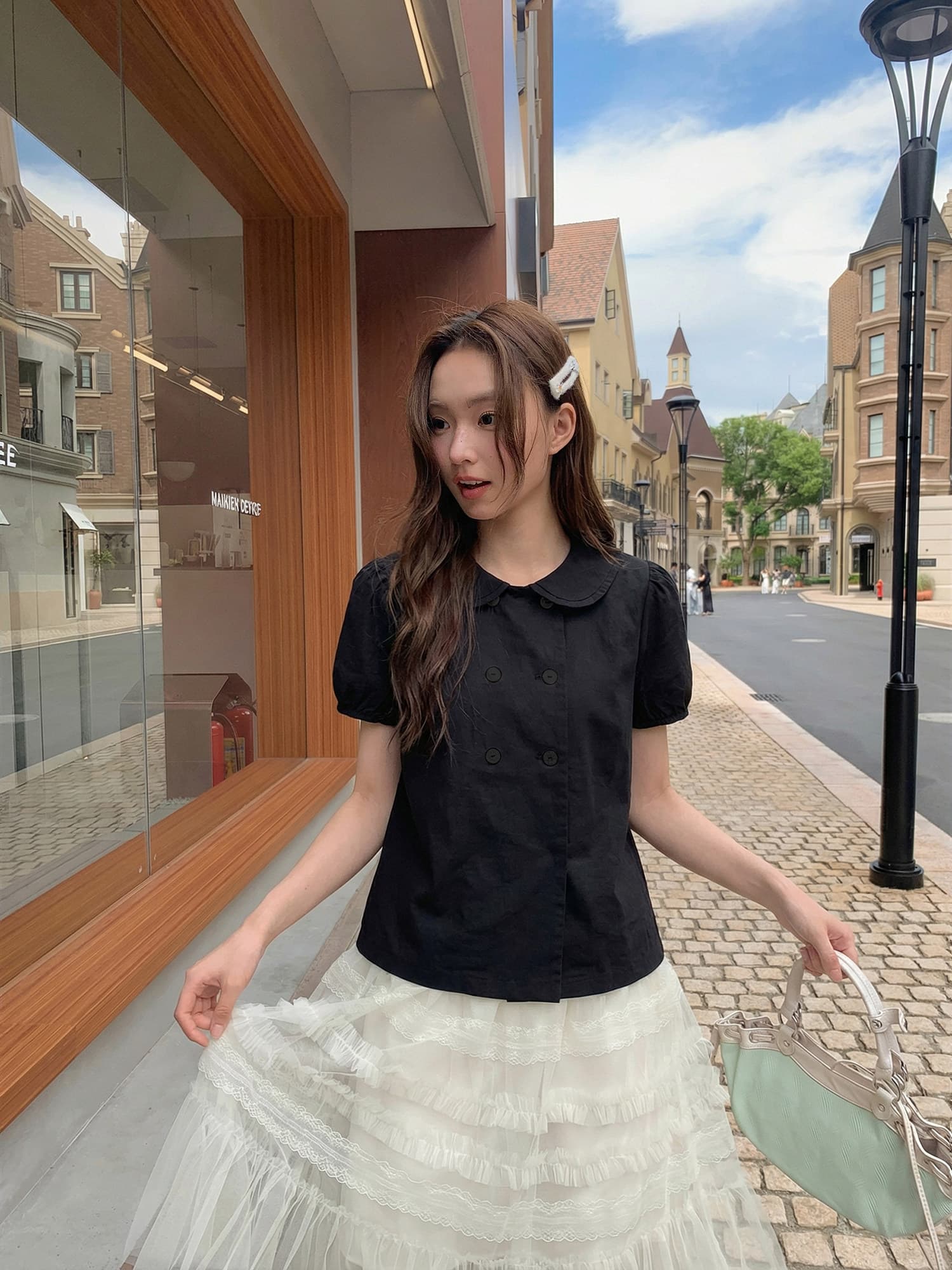 학원 스타일 검정색 베이비 칼라 거품 소매 이중 버튼 여성 셔츠 여름 프랑스식 루즈핏 슬림해 보이는 다용도 맨위 상세 이미지 5