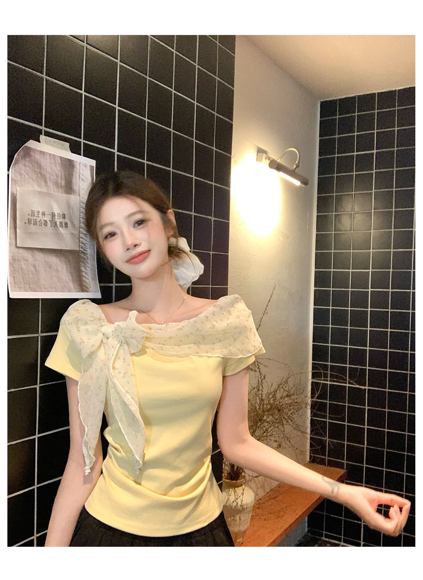 원본 품질 40 좋은 면 우유 황색 나비 매듭 오프숄더 반팔 여름 오프숄더 맨위 상세 이미지 7