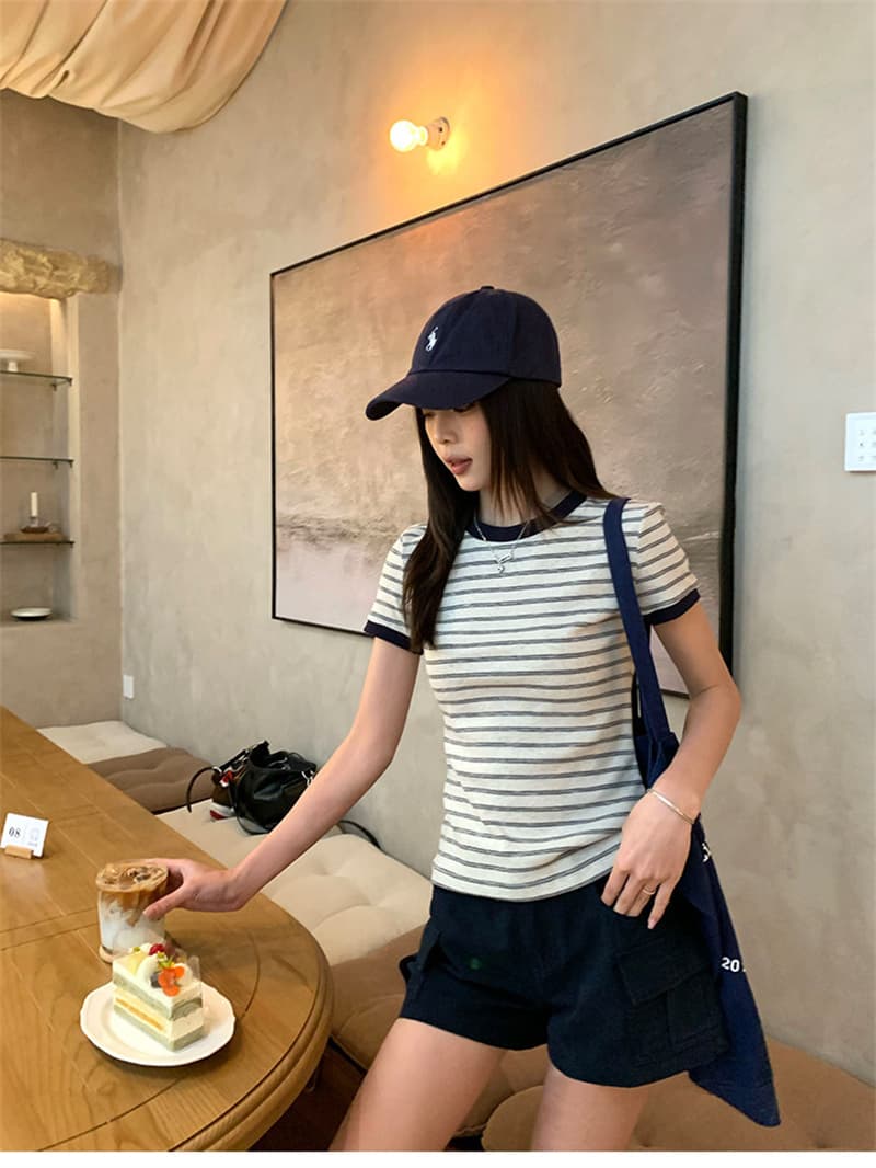 정가 원본 순면 스트라이프 V넥 반팔 티셔츠 여성 여름 빅 사이즈 몸매 가꾸기 슬림해 보이는 다용도 작은 대중 맨위 상세 이미지 6