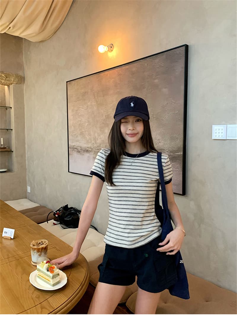 정가 원본 순면 스트라이프 V넥 반팔 티셔츠 여성 여름 빅 사이즈 몸매 가꾸기 슬림해 보이는 다용도 작은 대중 맨위 상세 이미지 12