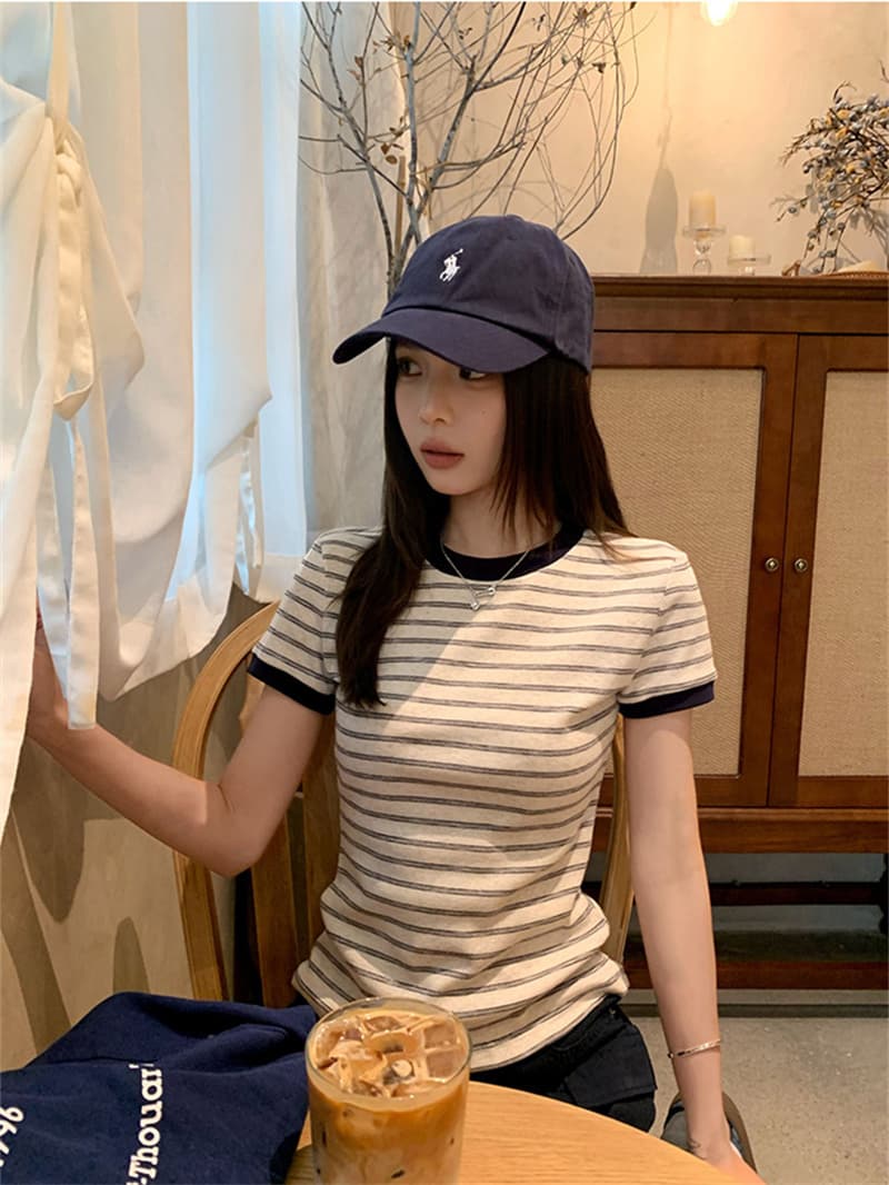 정가 원본 순면 스트라이프 V넥 반팔 티셔츠 여성 여름 빅 사이즈 몸매 가꾸기 슬림해 보이는 다용도 작은 대중 맨위 상세 이미지 23