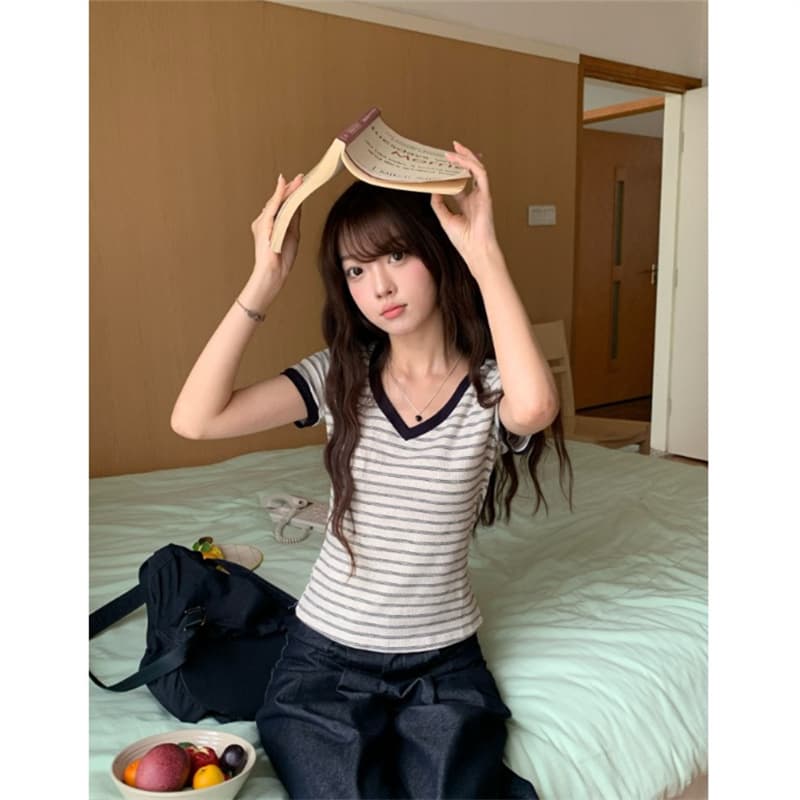 원본 순면 한 부서 스트라이프 라운드 넥 V넥 반팔 티셔츠 핫걸 몸매 가꾸기 슬림해 보이는 맨위 이미지 4