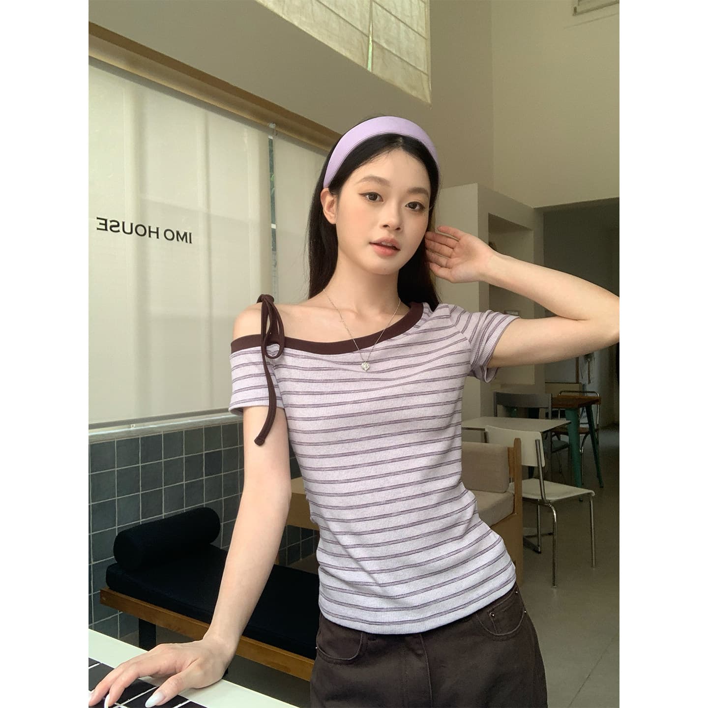 원본 순면 한 부서 스트라이프 라운드 넥 V넥 반팔 티셔츠 핫걸 몸매 가꾸기 슬림해 보이는 맨위 상세 이미지 4