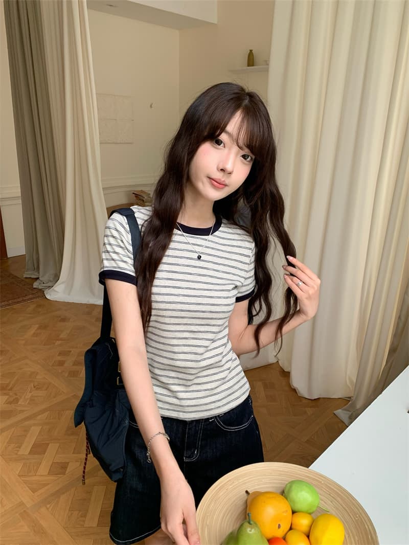 원본 순면 한 부서 스트라이프 라운드 넥 V넥 반팔 티셔츠 핫걸 몸매 가꾸기 슬림해 보이는 맨위 상세 이미지 5