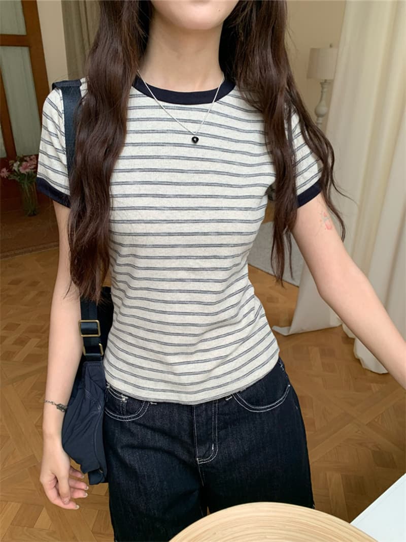 원본 순면 한 부서 스트라이프 라운드 넥 V넥 반팔 티셔츠 핫걸 몸매 가꾸기 슬림해 보이는 맨위 상세 이미지 6