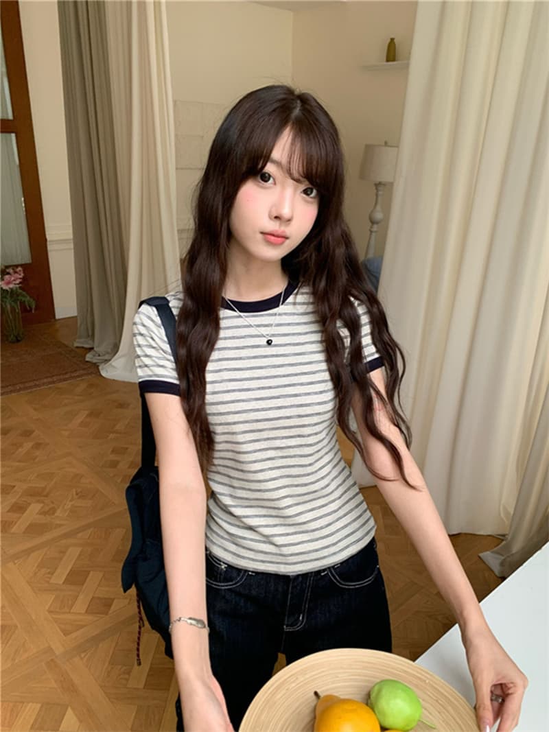 원본 순면 한 부서 스트라이프 라운드 넥 V넥 반팔 티셔츠 핫걸 몸매 가꾸기 슬림해 보이는 맨위 상세 이미지 8