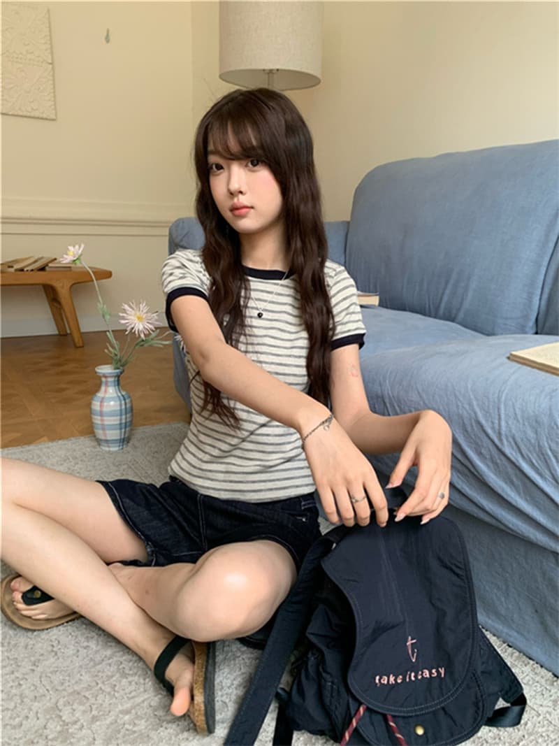 원본 순면 한 부서 스트라이프 라운드 넥 V넥 반팔 티셔츠 핫걸 몸매 가꾸기 슬림해 보이는 맨위 상세 이미지 9