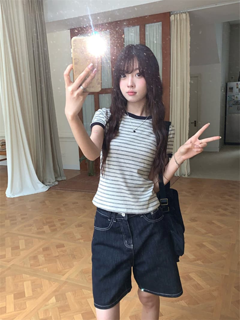 원본 순면 한 부서 스트라이프 라운드 넥 V넥 반팔 티셔츠 핫걸 몸매 가꾸기 슬림해 보이는 맨위 상세 이미지 11