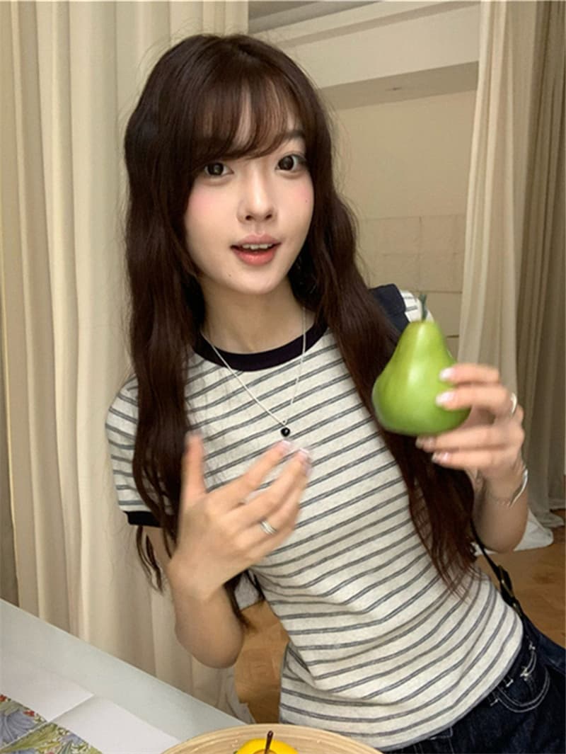 원본 순면 한 부서 스트라이프 라운드 넥 V넥 반팔 티셔츠 핫걸 몸매 가꾸기 슬림해 보이는 맨위 상세 이미지 13