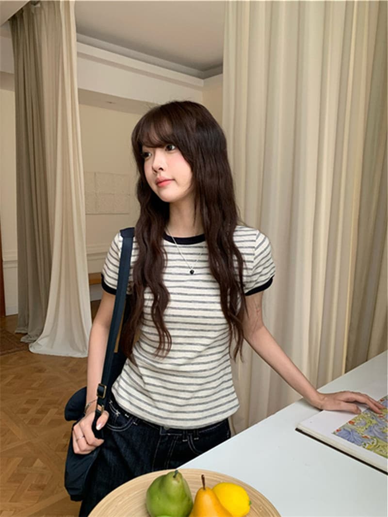 원본 순면 한 부서 스트라이프 라운드 넥 V넥 반팔 티셔츠 핫걸 몸매 가꾸기 슬림해 보이는 맨위 상세 이미지 14