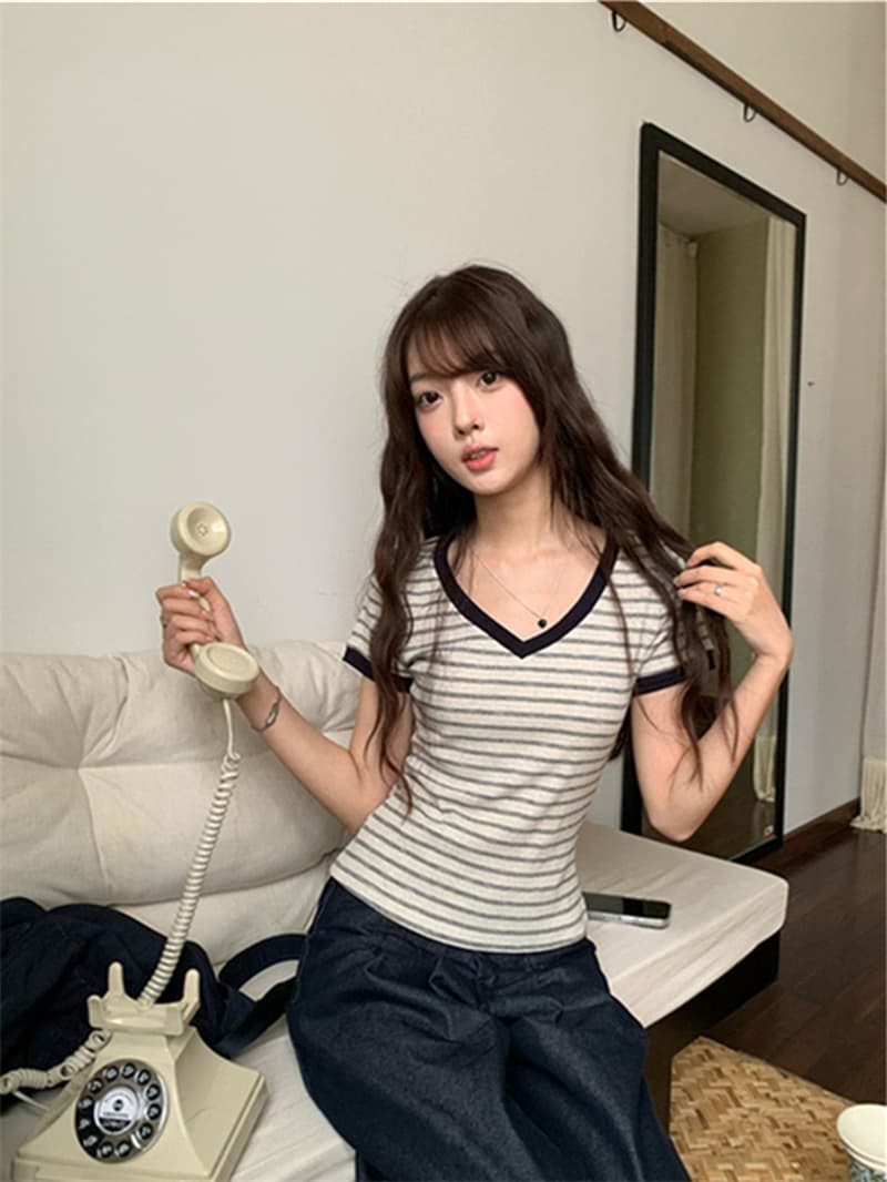 원본 순면 한 부서 스트라이프 라운드 넥 V넥 반팔 티셔츠 핫걸 몸매 가꾸기 슬림해 보이는 맨위 상세 이미지 15