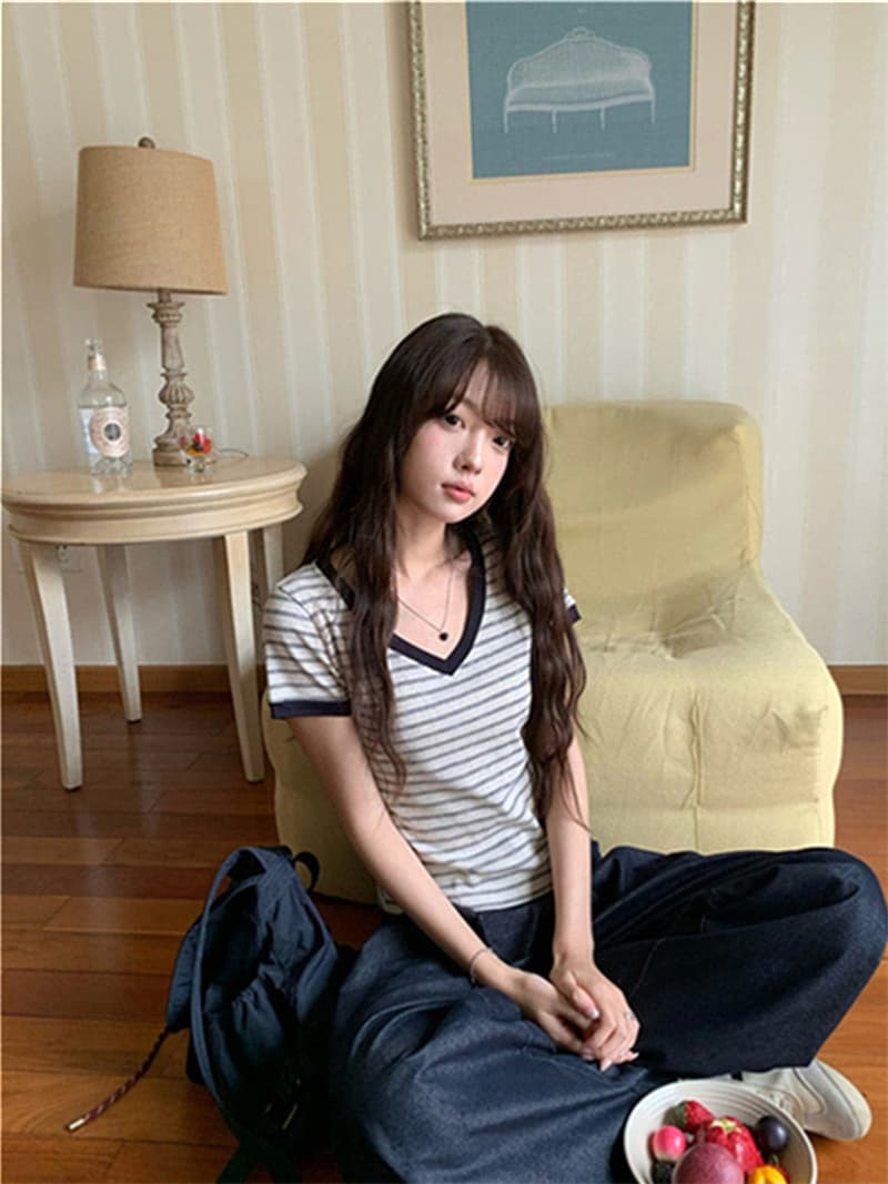 원본 순면 한 부서 스트라이프 라운드 넥 V넥 반팔 티셔츠 핫걸 몸매 가꾸기 슬림해 보이는 맨위 상세 이미지 18