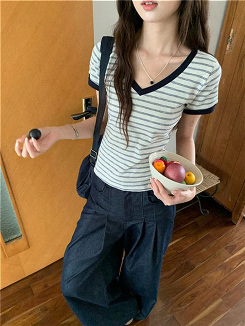 원본 순면 한 부서 스트라이프 라운드 넥 V넥 반팔 티셔츠 핫걸 몸매 가꾸기 슬림해 보이는 맨위 상세 이미지 19