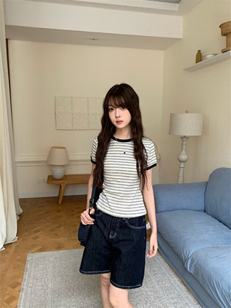 원본 순면 한 부서 스트라이프 라운드 넥 V넥 반팔 티셔츠 핫걸 몸매 가꾸기 슬림해 보이는 맨위 상세 이미지 21