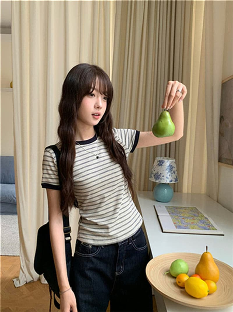 원본 순면 한 부서 스트라이프 라운드 넥 V넥 반팔 티셔츠 핫걸 몸매 가꾸기 슬림해 보이는 맨위 상세 이미지 22