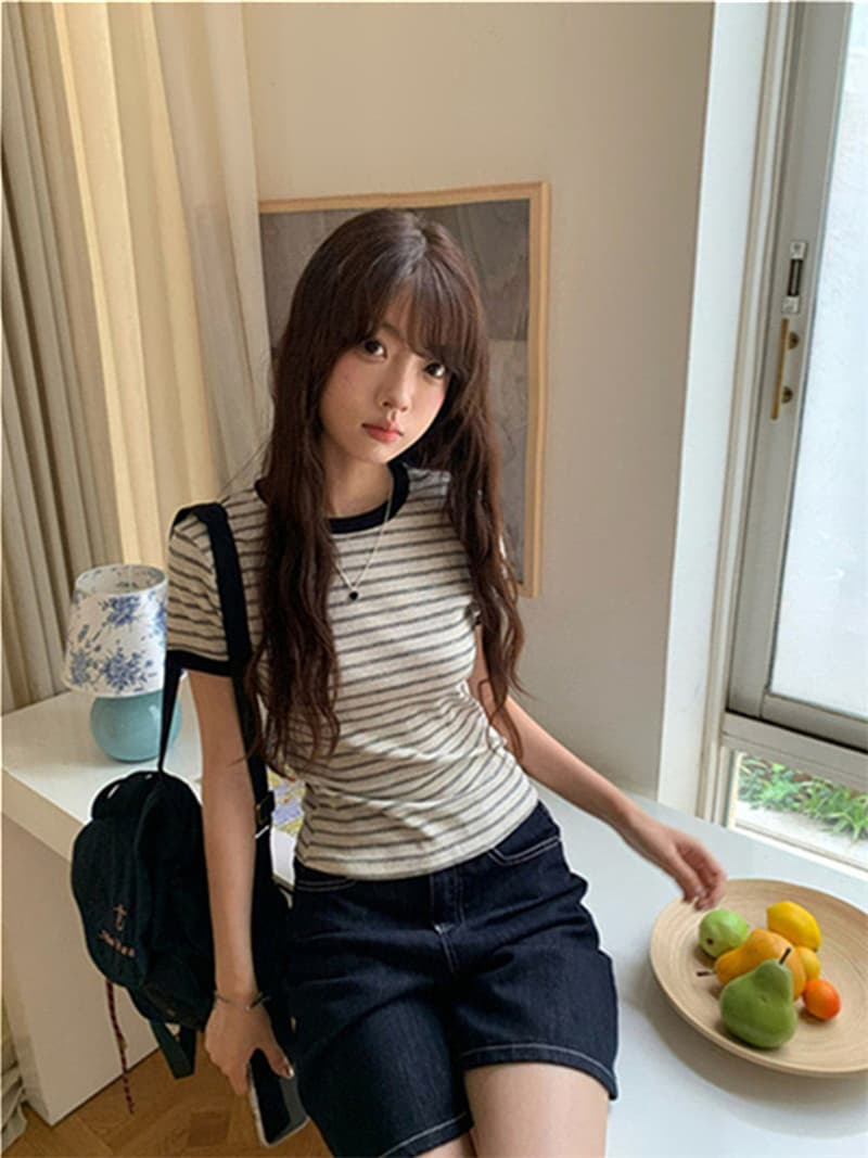 원본 순면 한 부서 스트라이프 라운드 넥 V넥 반팔 티셔츠 핫걸 몸매 가꾸기 슬림해 보이는 맨위 상세 이미지 23