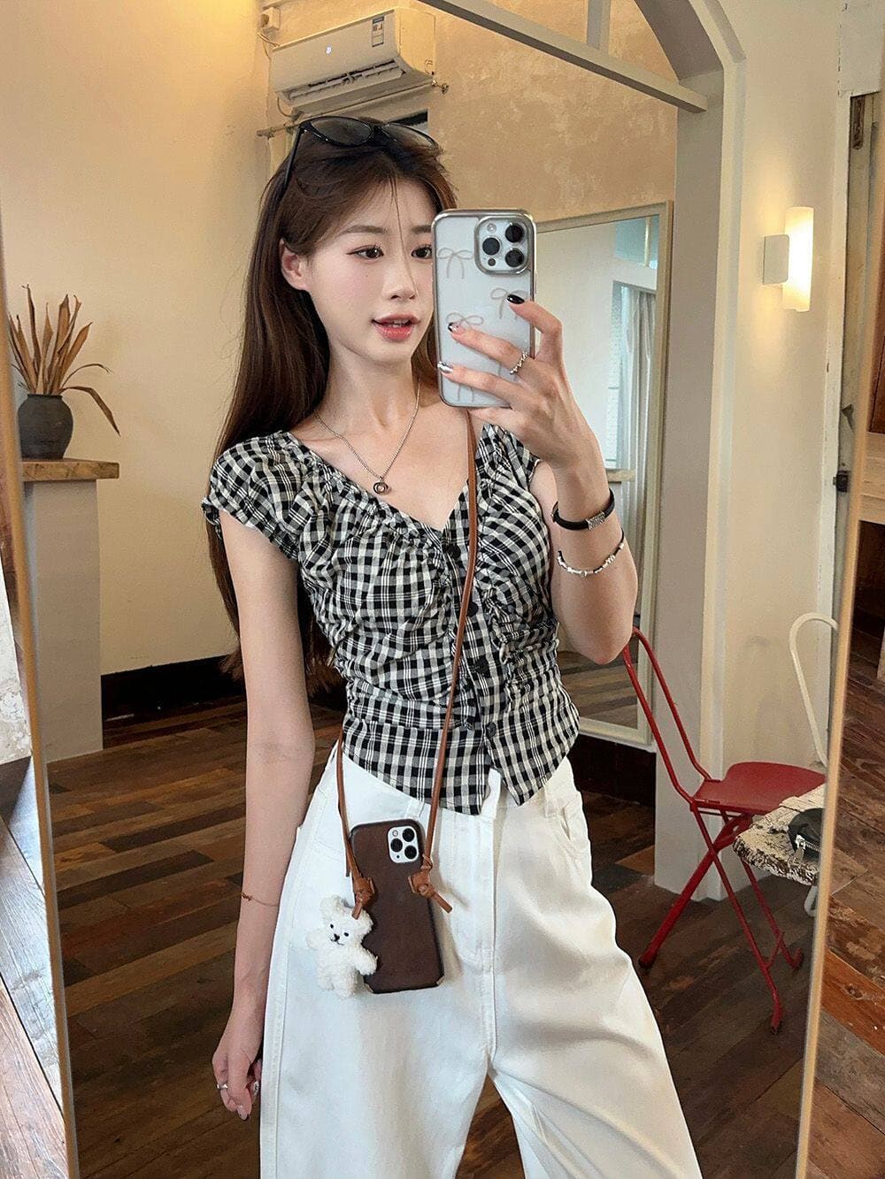 원본 셔틀 직물 달콤한 매운맛 검은 격자 V넥 버블 반팔 셔츠 여름 고유 한 작은 셔츠 허리 수축 맨위 이미지 2