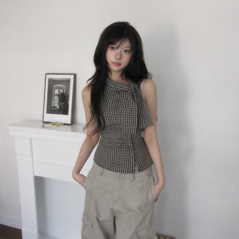 셔틀 직물 불규칙 레이스업 체크무늬 조끼 여름 작은 키 레트로 몸매 가꾸기 슬림해 보이는 민소매 맨위