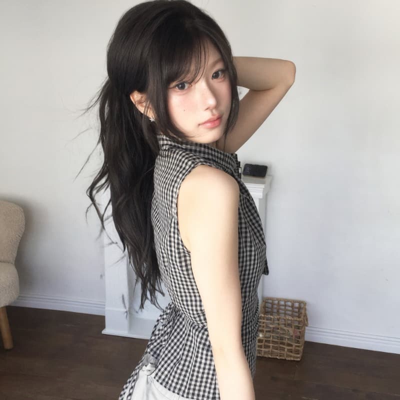 셔틀 직물 불규칙 레이스업 체크무늬 조끼 여름 작은 키 레트로 몸매 가꾸기 슬림해 보이는 민소매 맨위 이미지 4