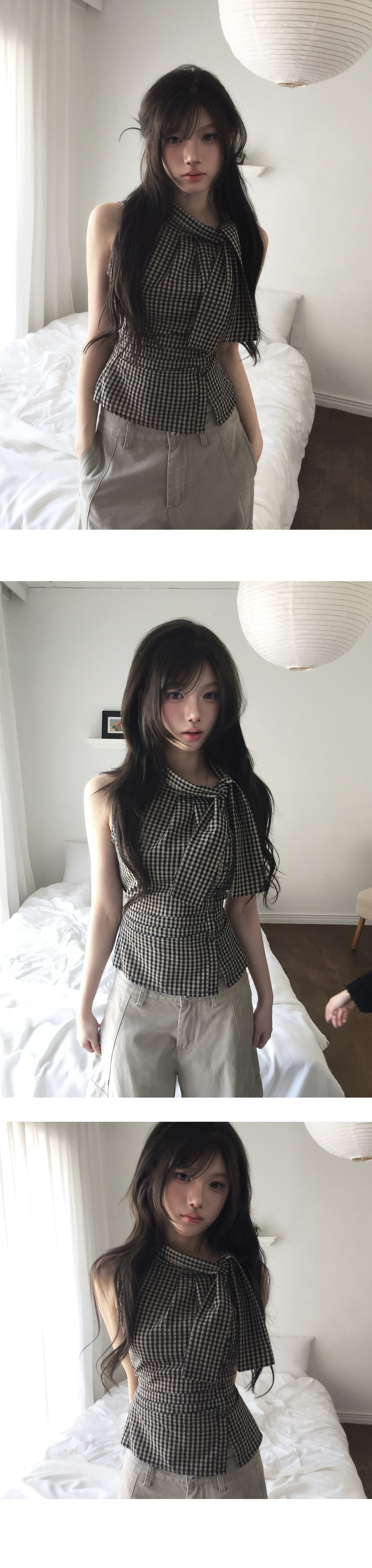 셔틀 직물 불규칙 레이스업 체크무늬 조끼 여름 작은 키 레트로 몸매 가꾸기 슬림해 보이는 민소매 맨위 상세 이미지 5