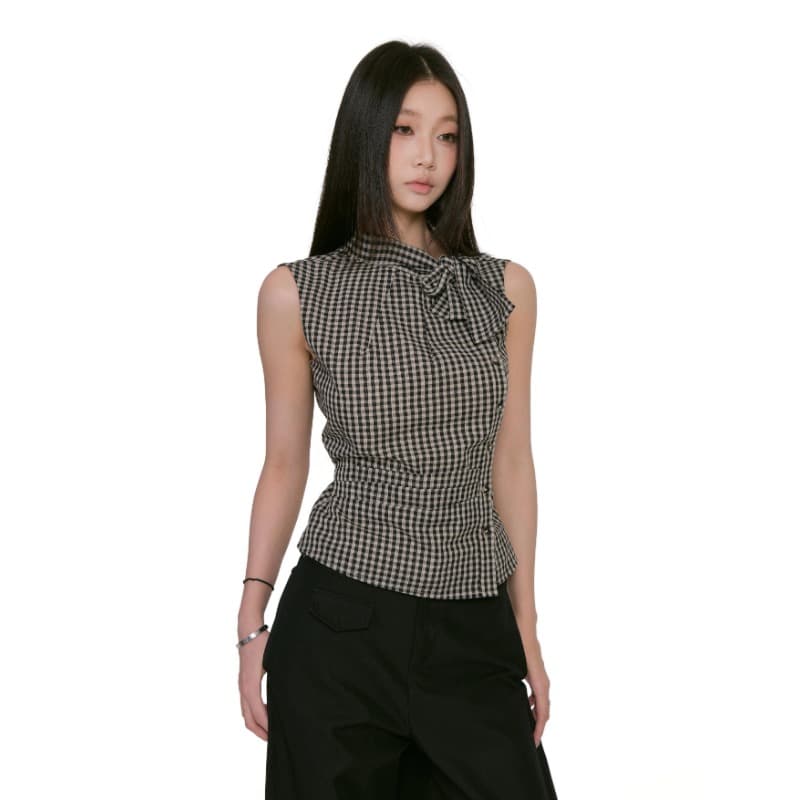 셔틀 직물 레트로 체크무늬 레이스업 민소매 셔츠 여름 핫걸 디자인 센스 몸매 가꾸기 행침 목 맨위 이미지 2