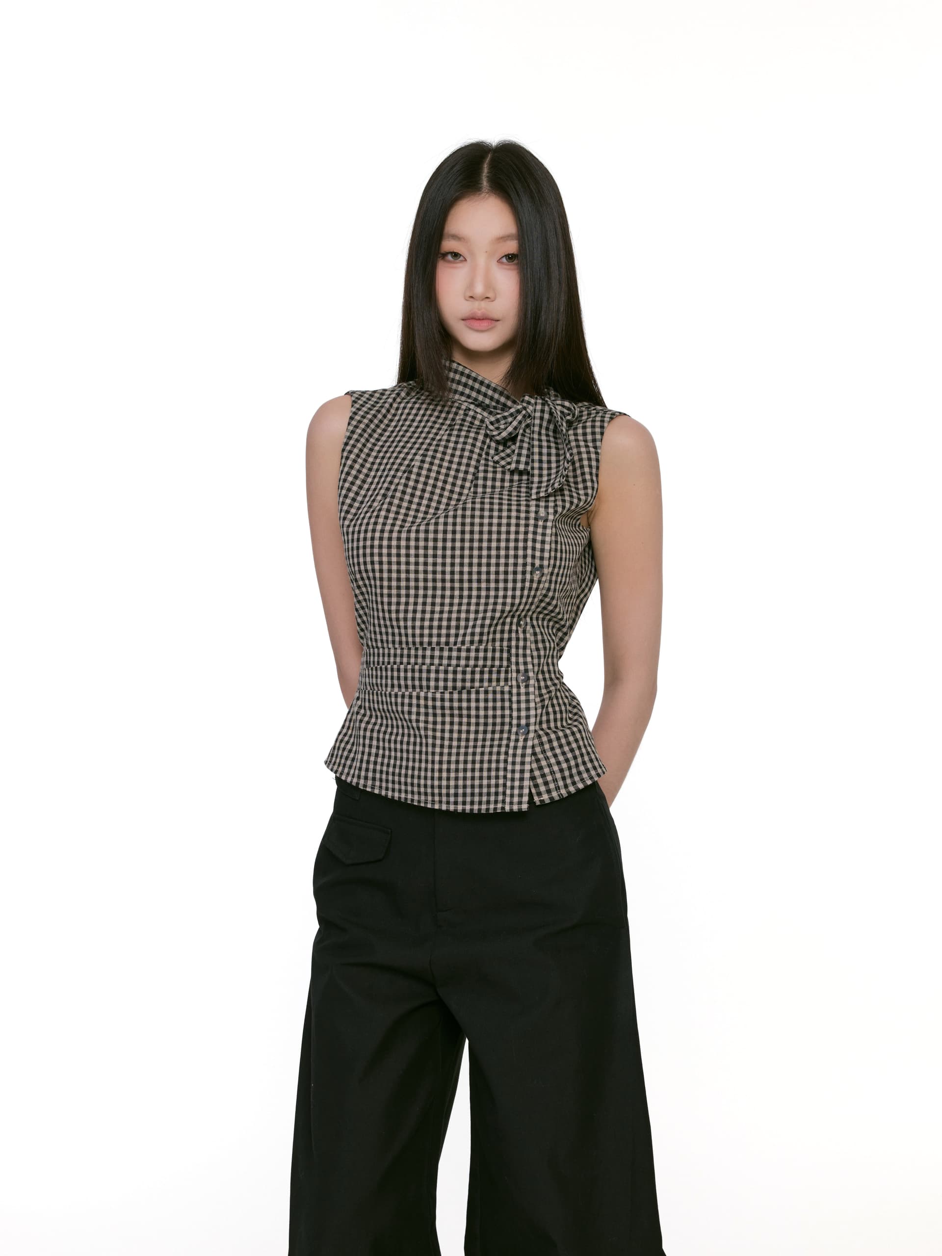 셔틀 직물 레트로 체크무늬 레이스업 민소매 셔츠 여름 핫걸 디자인 센스 몸매 가꾸기 행침 목 맨위 상세 이미지 11